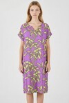Lila Tropik Desenli V Yaka Oversize Midi Elbise