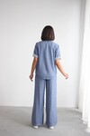 Mavi File Detaylı Tensel Kot Kumaş Gömlek Ve Pantolon Alt Üst Takım