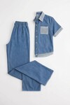 Mavi File Detaylı Tensel Kot Kumaş Gömlek Ve Pantolon Alt Üst Takım