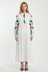 Beyaz Yakası Bağlamalı Nakış İşlemeli Uzun Boy Dokuma Elbise
