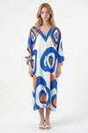 Mavi Turuncu Baskılı Maxi Boy Dokuma Viscon Elbise