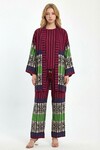 Mürdüm Baskılı Kimono Ve Pantolon Dokuma Viscon Alt Üst Takım