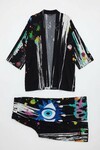 Siyah Desenli Pantolon Ve Uzun Kimono Dokuma Alt Üst Takım