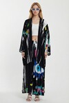 Siyah Desenli Pantolon Ve Uzun Kimono Dokuma Alt Üst Takım