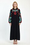 Siyah Hakim Yaka Nakış İşlemeli Uzun Boy Dokuma Elbise