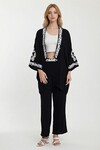 Siyah Nakış İşlemeli Alt Üst Kimono Pantolon Takım