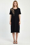 Siyah Nakış İşlemeli Örme Viscon Elbise