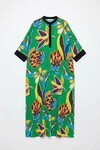 Yeşil Hakim Yaka Çiçek Desenli Uzun Boy Dokuma Elbise