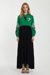 Yeşil Hakim Yaka Nakış İşlemeli Renk Bloklu Uzun Boy Gömlek Elbise