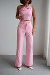 Pembe Aksesuar Detaylı Bluz Ve Pantolon Dokuma Alt Üst Takım