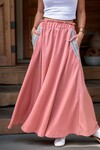 Pembe Cebi Hasır Detaylı Beli Lastikli Salaş Etek