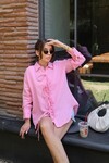 Pembe Düğme Detaylı Bağlamalı Müslin Gömlek
