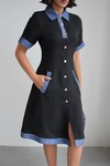 Siyah Denim Garnili Düğmeli Tensel Dokuma Elbise