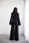 Siyah Geniş Kol Düğme Detaylı Yakalı Bluz Ve Palazzo Pantolon Alt Üst Takım