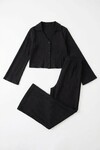 Siyah Geniş Kol Düğme Detaylı Yakalı Bluz Ve Palazzo Pantolon Alt Üst Takım