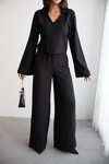 Siyah Geniş Kol Düğme Detaylı Yakalı Bluz Ve Palazzo Pantolon Alt Üst Takım