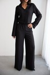 Siyah Geniş Kol Düğme Detaylı Yakalı Bluz Ve Palazzo Pantolon Alt Üst Takım