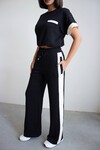 Siyah Renk Bloklu Beli Lastikli Yumuşak Dokulu Kumaş Alt Üst Takım