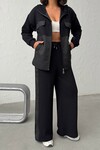 Siyah Yumuşak Dokulu Garnili Kapüşonlu Sweatshirt Ve Pantolon Alt Üst Takım BCHN-25261023