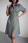 Yeşil Denim Garnili Düğmeli Tensel Dokuma Elbise