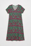 Yeşil-Fuşya Desenli V Yaka Midi Boy Elbise