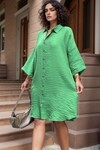 Yeşil Keten Görünümlü Truvakar Kol Salaş Gömlek Elbise